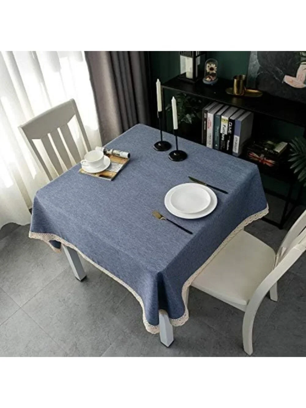 Waterproof Faux Linen Tablecloth with Lace Trim - Stain Resistant, 70x70” for